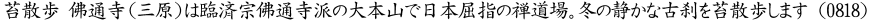 佛通寺は1397年小早川春平が愚中周及（ぐちゅうしゅうきゅう）禅師を招いて開いた寺院で臨済宗佛通寺派の大本山。最盛期には山内に八十八の寺、その下に三千の末寺を抱えるほどに発展しました。参禅道場をもつ日本屈指の禅道場です。また紅葉の名所でとしても知られ、参道が色づく季節には多くの参拝者や観光客が訪れます。今回訪れたのは１２月。仏通寺は県立自然公園・仏通寺御調（みつき）八幡宮内にあり、渓流に沿った山道を進むと、うっそうと繁る佛通寺の山門に至ります。夕暮れで境内に人影はなく、凜とした禅刹の気魄が漂ていました。西国の古刹佛通寺を散策します。